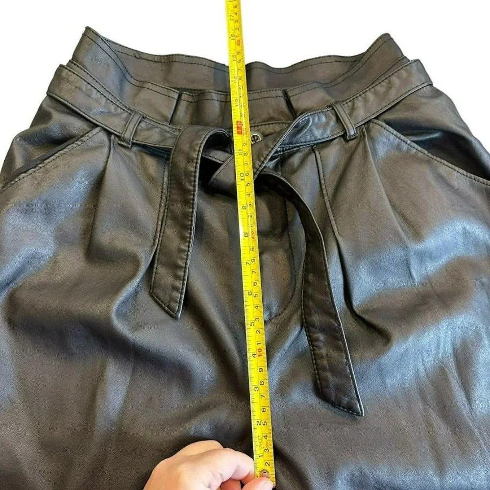 Free People Black Vegan Leather High‎ Tie Waist Paper Bag Cropped Pants Womens 6